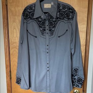 Scully Charcoal Shirt with Black Floral Embroidery